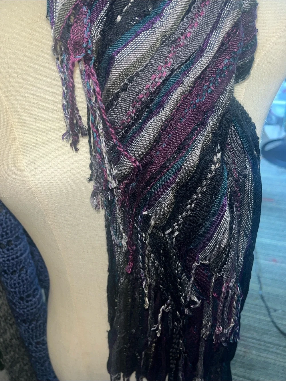 Lightweight Striped Fringe Scarf - Black & Purple Bohemian Crinkle Textured S197